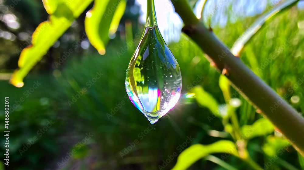 Poster close-up of a single transparent raindrop hanging from a small branch in a lush green natural settin