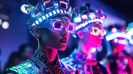 neon cyberpunk fashion models led headwear