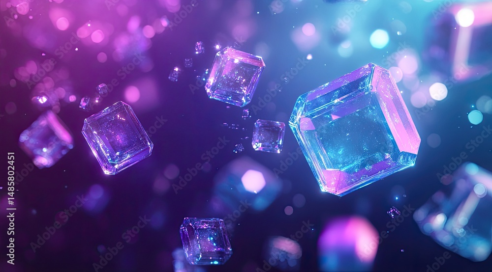 Poster abstract digital art featuring vibrant, translucent cubes suspended in a gradient background. partic