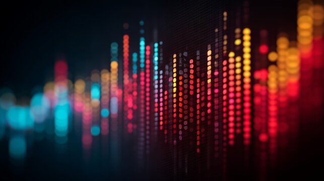 Abstract digital visualization of sound waves and music patterns with vibrant color gradients and intricate light dots