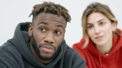A diverse couple engaged in a meaningful conversation, showcasing emotions and connection in a modern, minimalistic environment