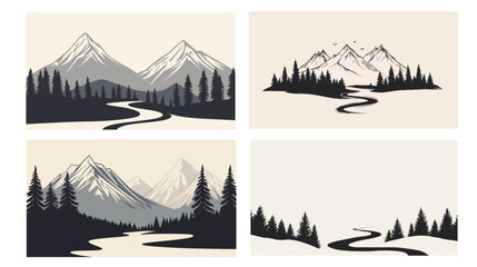 Black and white illustration featuring a detailed mountain landscape with sharp peaks and textured slopes, minimalist design emphasizing natural beauty and rugged terrain,