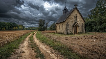Fototapeta premium Ancient stone church in countryside with cloudy sky and empty pathway