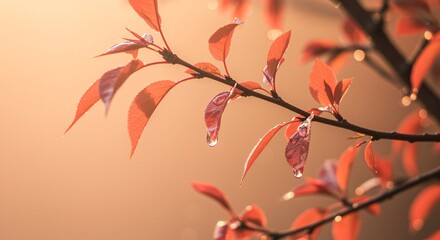 Fototapeta premium Dew-kissed Autumn Leaves Bask in Golden Sunlight Nature Photography