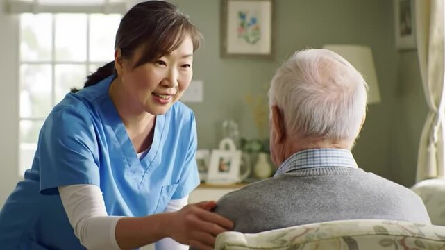 Compassionate Asian Caretaker Touches Elderly Man Shoulder in Light and Airy Living Room Depicting Tenderness and Support and Home Environment