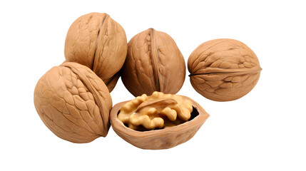 A group of walnuts including whole walnuts and one walnut cracked open on white backdrop