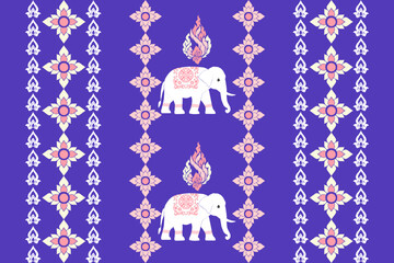 traditional Thai vector illustration featuring a row of white elephants adorned with intricate floral patterns and topped with symbolic Thai kanok flame motifs. The vivid purple background and pastel 