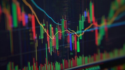 Vibrant Stock Market Chart with Colorful Candlestick Patterns and Trend Lines Displaying Financial Trends and Data Analysis