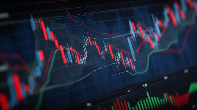 Red and green candlestick chart displaying stock market trends and price movements with digital indicators and analysis