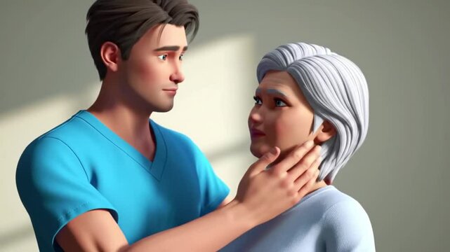 Compassionate Care Young Caregiver and Senior Woman Embrace Kindness in a Neutral Background Animated Medical Setting Healthcare and Affection