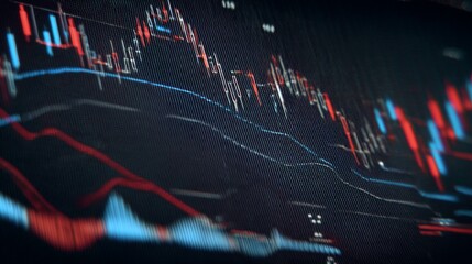 Colorful abstract chart pattern with fluctuating lines and data points on a dark background for finance analysis and digital concepts