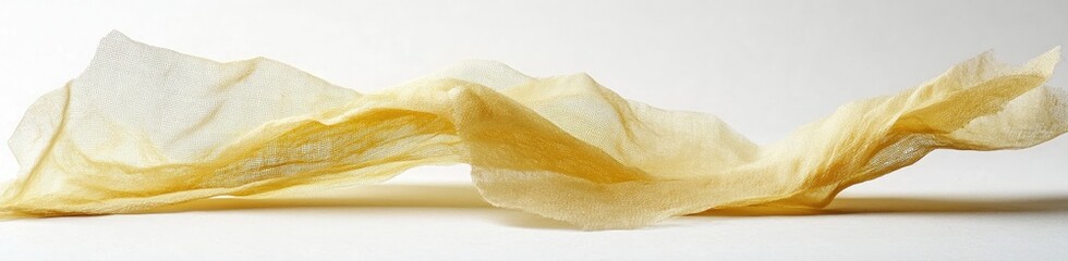 Pale yellow, translucent fabric, flowing in a graceful arc, against a plain white background
