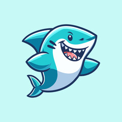 Naklejka premium Cute and Friendly Cartoon Shark Character Swimming with a Big Smile, Playful Aquatic Predator Illustration for Kids and Ocean Themes, Vector Graphic