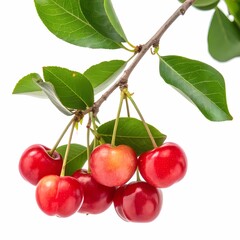 A vibrant branch of Rainier cherries dangling against a pristine white background