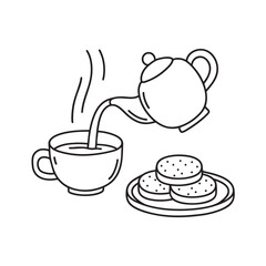 A tea being poured into a cup beside a plate of biscuits