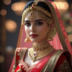 Portrait of a Beautiful Indian Bride with Traditional Jewelry and Red Veil
