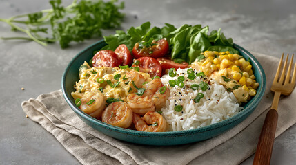 Delectable Shrimp Bowl: A beautifully presented bowl featuring succulent grilled shrimp, fresh vegetables, fluffy rice, and flavorful corn, ready to tantalize the taste buds.