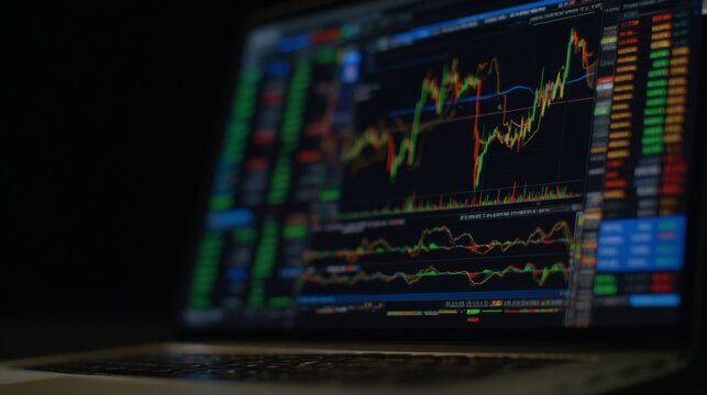 Financial chart analysis on a laptop screen showing stock market trends and indicators in a dark environment
