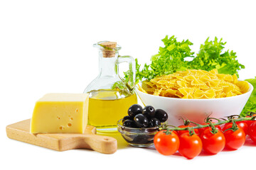 Farfalle pasta, cheese, olive oil and vegetables. Ingredients of Italian cuisine.