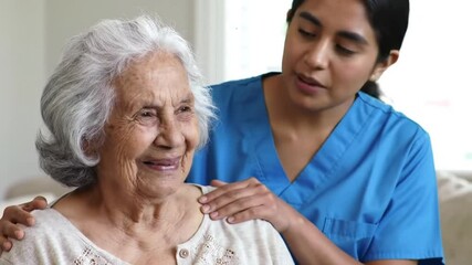Compassionate Caregiver Places Hands on Elderly Woman's Shoulders in an Indoor Setting Displaying Warmth Affection and Support in Nursing Home