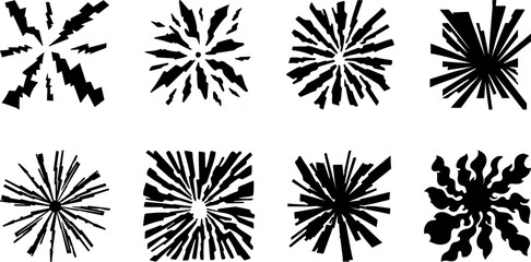 Set of abstract radial burst vector shapes in black silhouette, ideal for comic effects, explosions, sunbursts, and dynamic graphic design elements.


