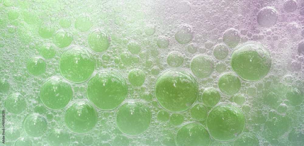 Poster close-up of translucent green bubbles clustered together with a soft gradient background in pink and