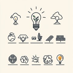 Set of eco-friendly and renewable energy icons including light bulbs with plants, solar panels, recycling symbols, earth with leaf, and energy saving concepts