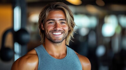 Fototapeta premium Smiling young man with blonde hair and muscular build in sleeveless gray top at gym with blurred background