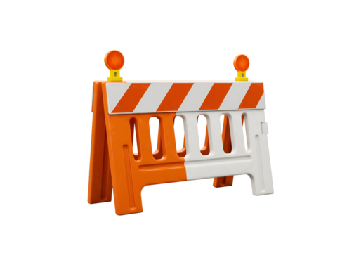 鮮やかオレンジ白ストライプの安全柵 警告灯付き 明るい照明で撮影