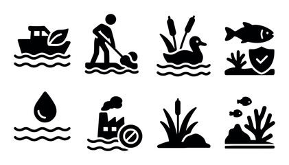 Eco conservation icons: water, wildlife, pollution, environment