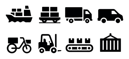 Transportation icon set: ship, truck, bike, forklift, conveyor