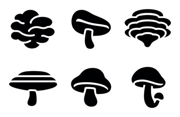 Six silhouette mushrooms in various shapes and styles on white