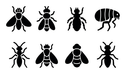 Black silhouette insect icons: flies, ants, flea, illustrations