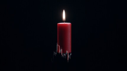 Red candle with a glowing flame and stock market chart overlay on a dark background for finance or relaxation themes