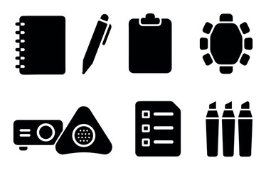 Meeting icons set: notebook, pen, clipboard, projector, microphone