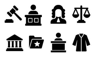 Legal symbols: gavel, judge, scale, courthouse, folder icons