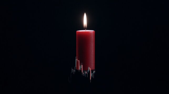 Red candle with a glowing flame and stock market chart overlay on a dark background for finance or relaxation themes