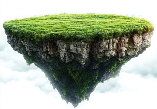floating inverted rocky island with green grass and moss above clouds in a clear sky