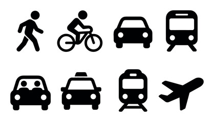 Transportation icons: walking, bicycling, cars, trains, airplane