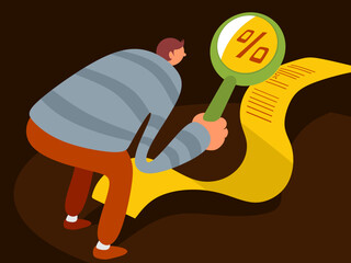 illustration of a person looking at a discount using a magnifying glass