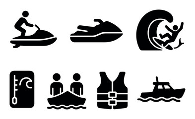 Water sports icons: jet ski, surfing, boating, safety symbols