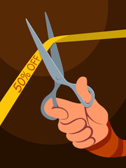 scissors cutting a red ribbon 50% discount