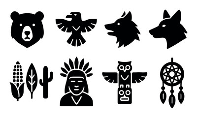 Native american symbols: animals, corn, cactus, totem, dreamcatcher