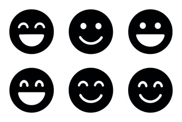 Six black circular smiley faces with different expressions set
