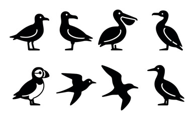 Fototapeta premium Silhouette icons of seabirds: diverse avian shapes and styles