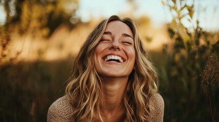 Woman laughing with eyes closed