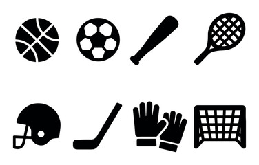 Silhouettes of sports equipment including ball and bat icons