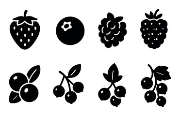 Silhouette icons of various berries in simple black style