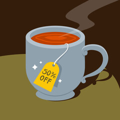 a cup of coffee with a 50% discount tag