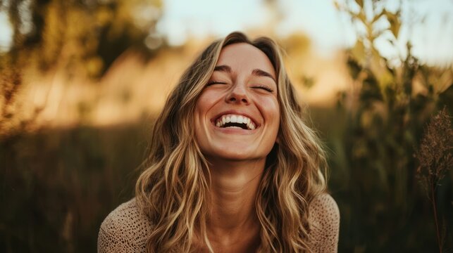 Woman laughing with eyes closed
